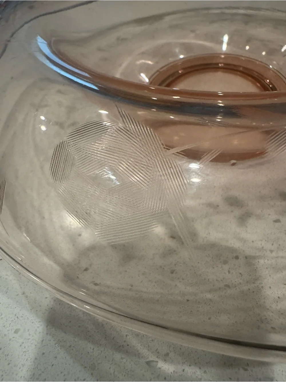 Pink Depression Glass Console Bowl with Etched Floral Details 11”